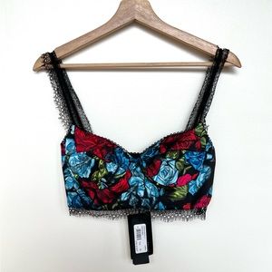 Versace Blue Red and Black Rose print and Lace frindge Bustier crop top. Size XS
